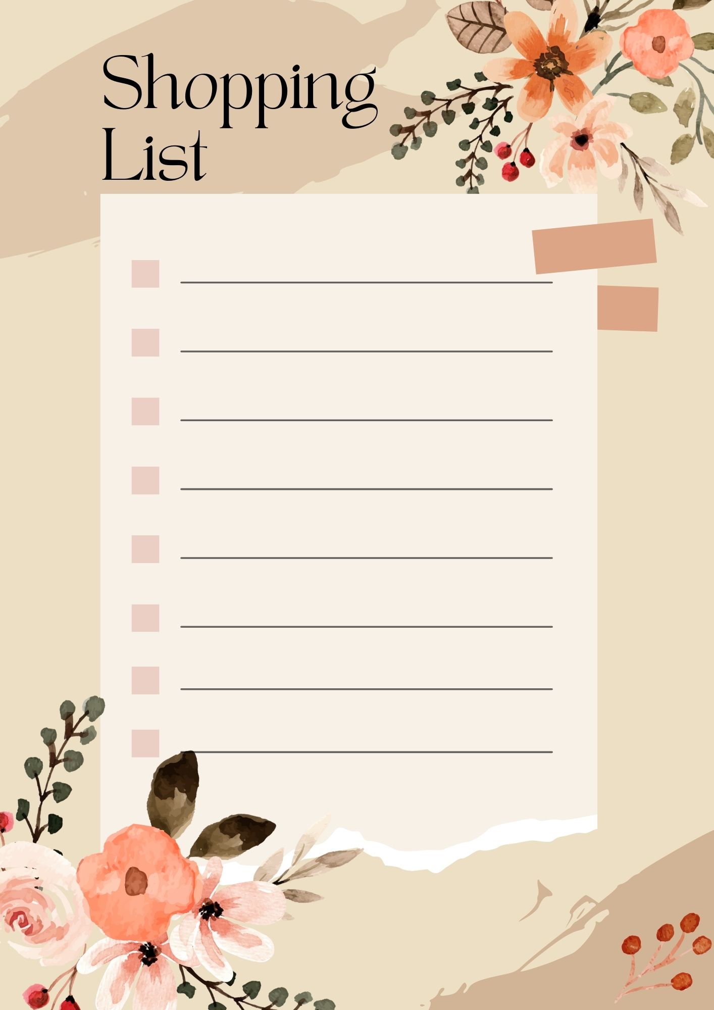 Beige Brown Watercolor Floral Shopping List